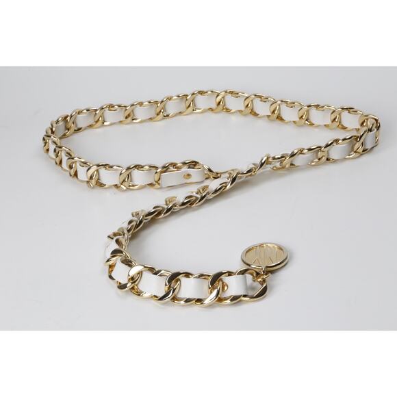 Vintage White Leather Belt Gold Chain Link Interwoven Woven Waist Cinch Rare S main image 11